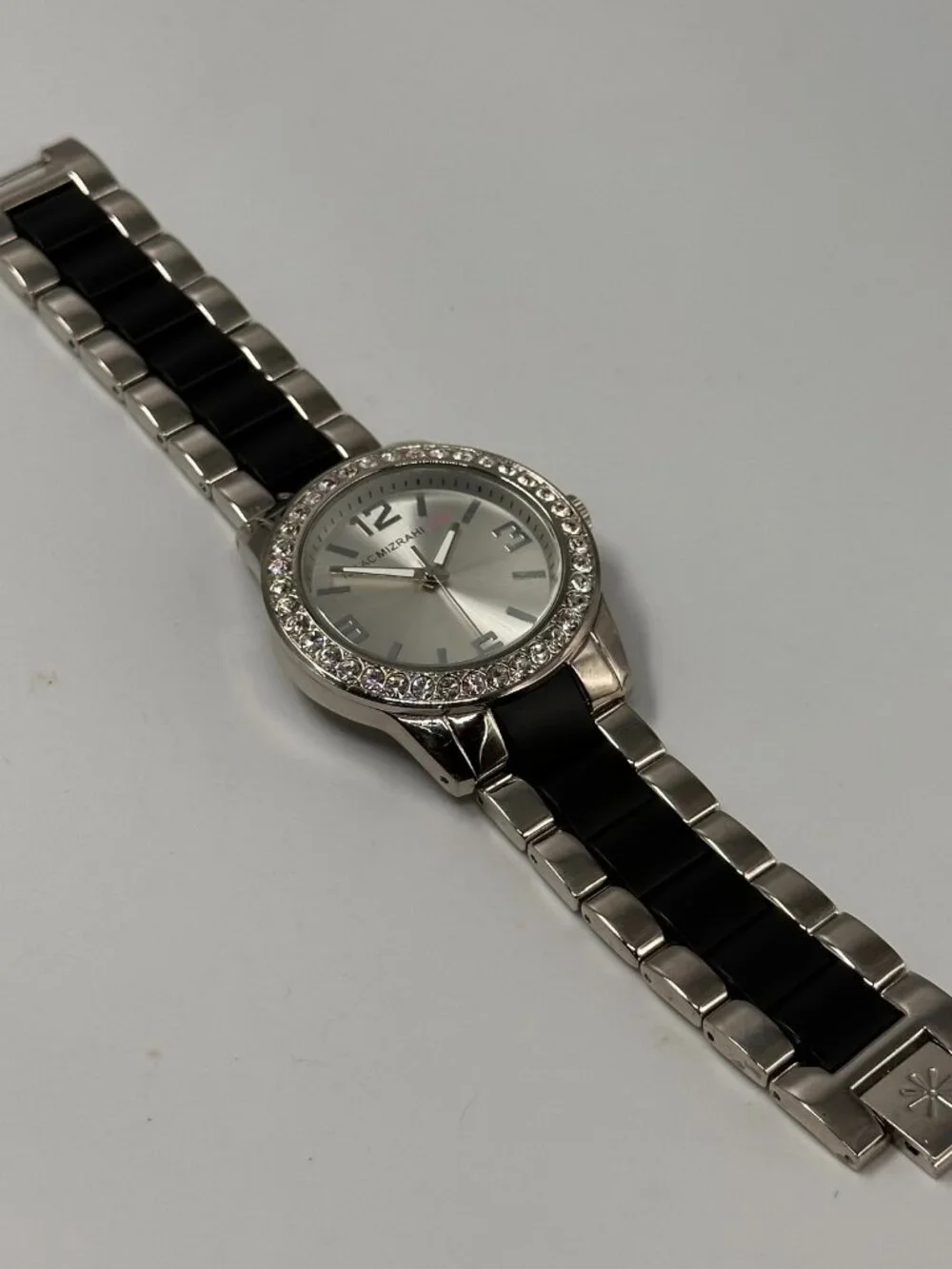 Isaac Mizarhi Live Watch Women Silver Tone Black Crystal Bezel New Battery 6.75